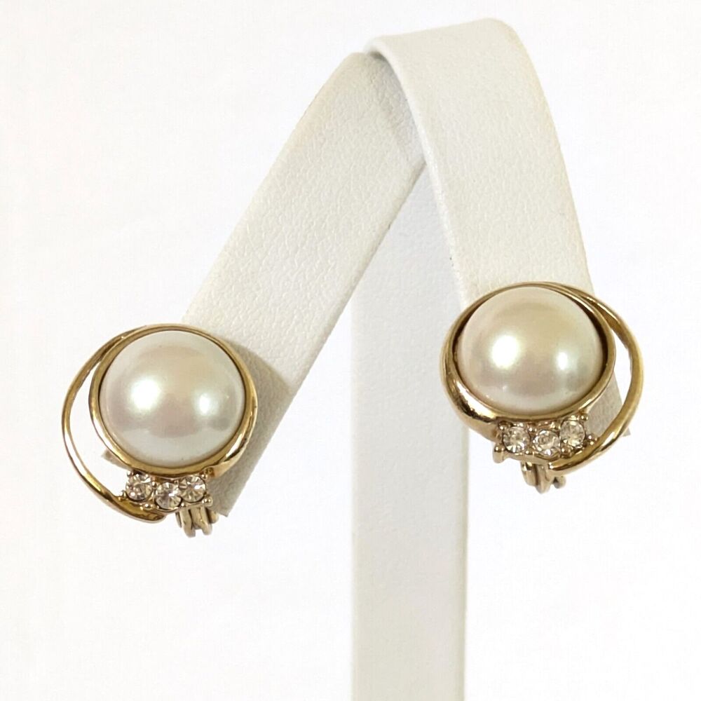 Vintage Monet Faux Pearl Rhinestone Clip Earrings Gold Tone Bridal Wedding MCM